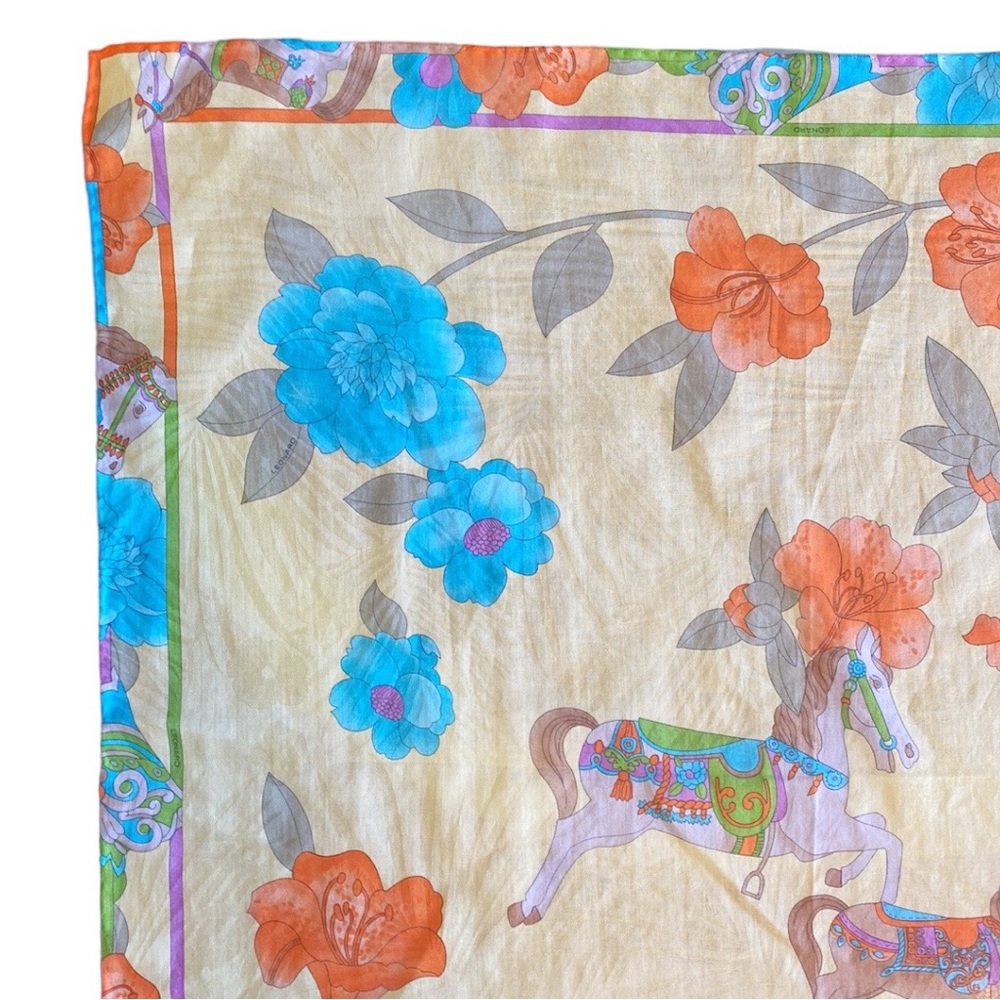 Vintage Leonard Scarf Square Horses Flowers - Picture 4 of 8